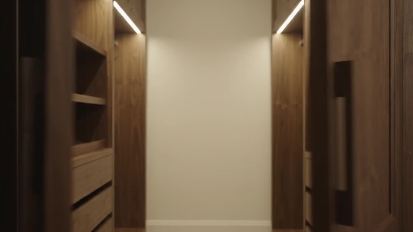 Walk-in closet in warm wood with integrated lighting and drawers