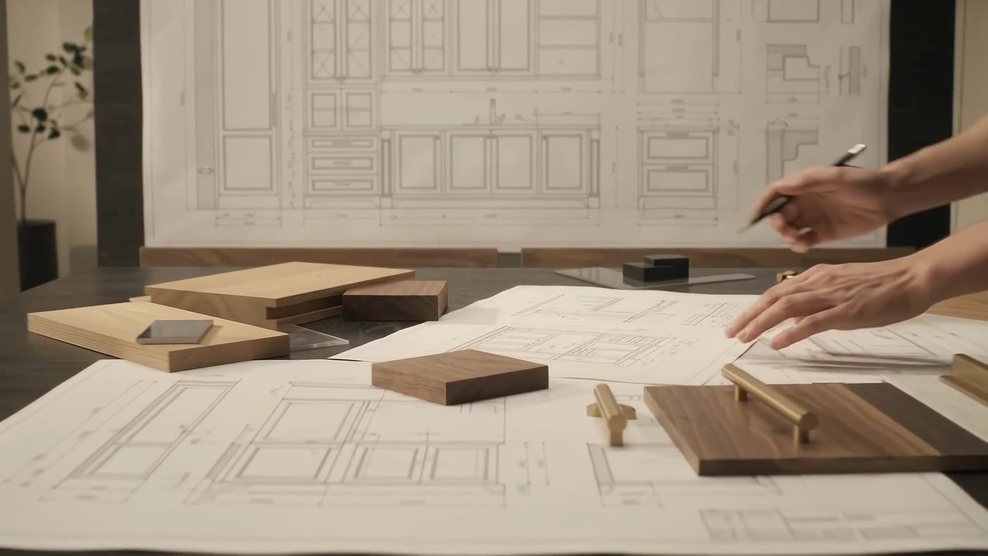 Millwork shop drawings, elevations and wood samples on a studio table