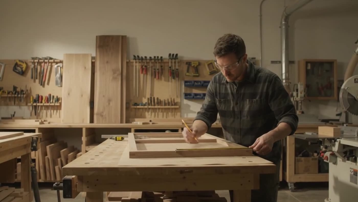 Craftsman assembling cabinet frames in the millwork shop